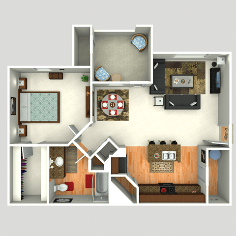 3D Floorplan of 1 Bedroom at Twin Creeks at Alamo Ranch Apartments, Texas